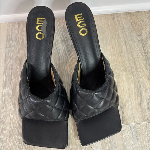 EGO Shoes - EGO Black Quilted Y2K Heeled Mules | Square Toe Slip on Sandals Size 9